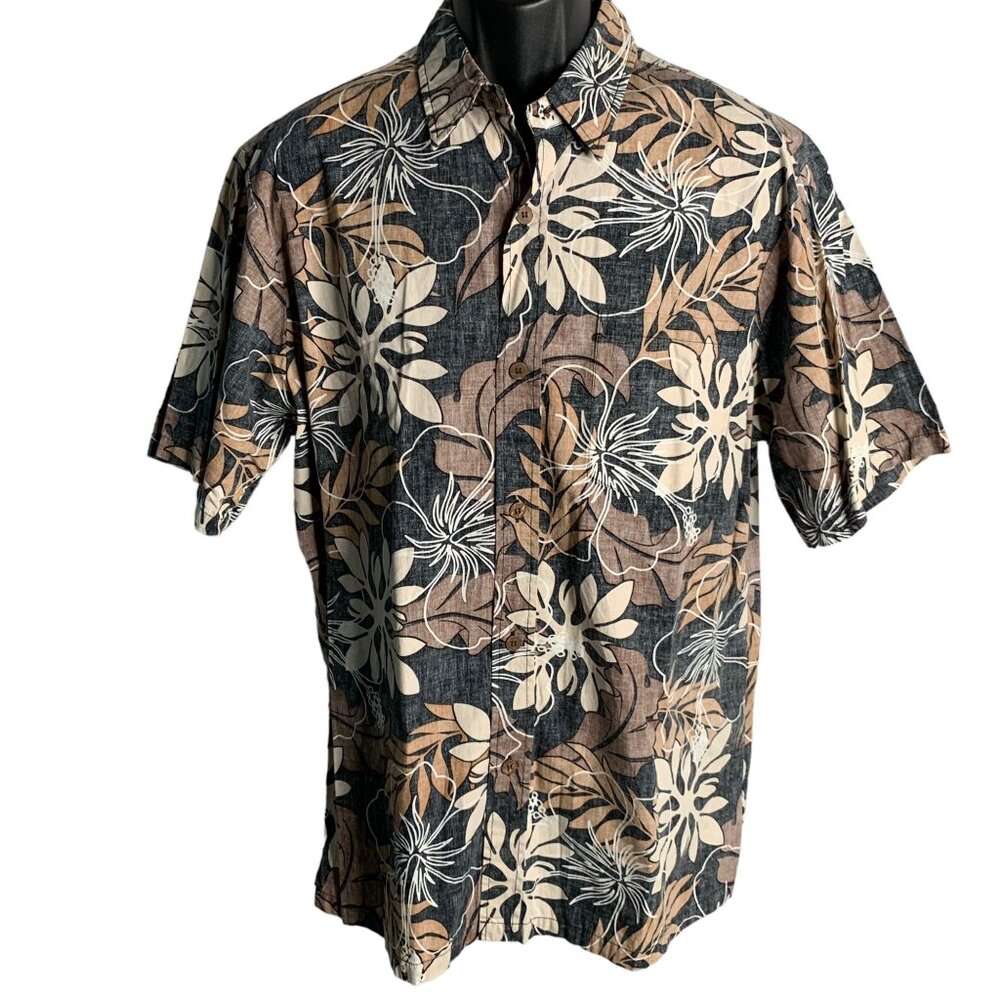 Vintage 90s Bishop St Reverse Print Hawaiian Shirt XL Black Floral Camp Pocket